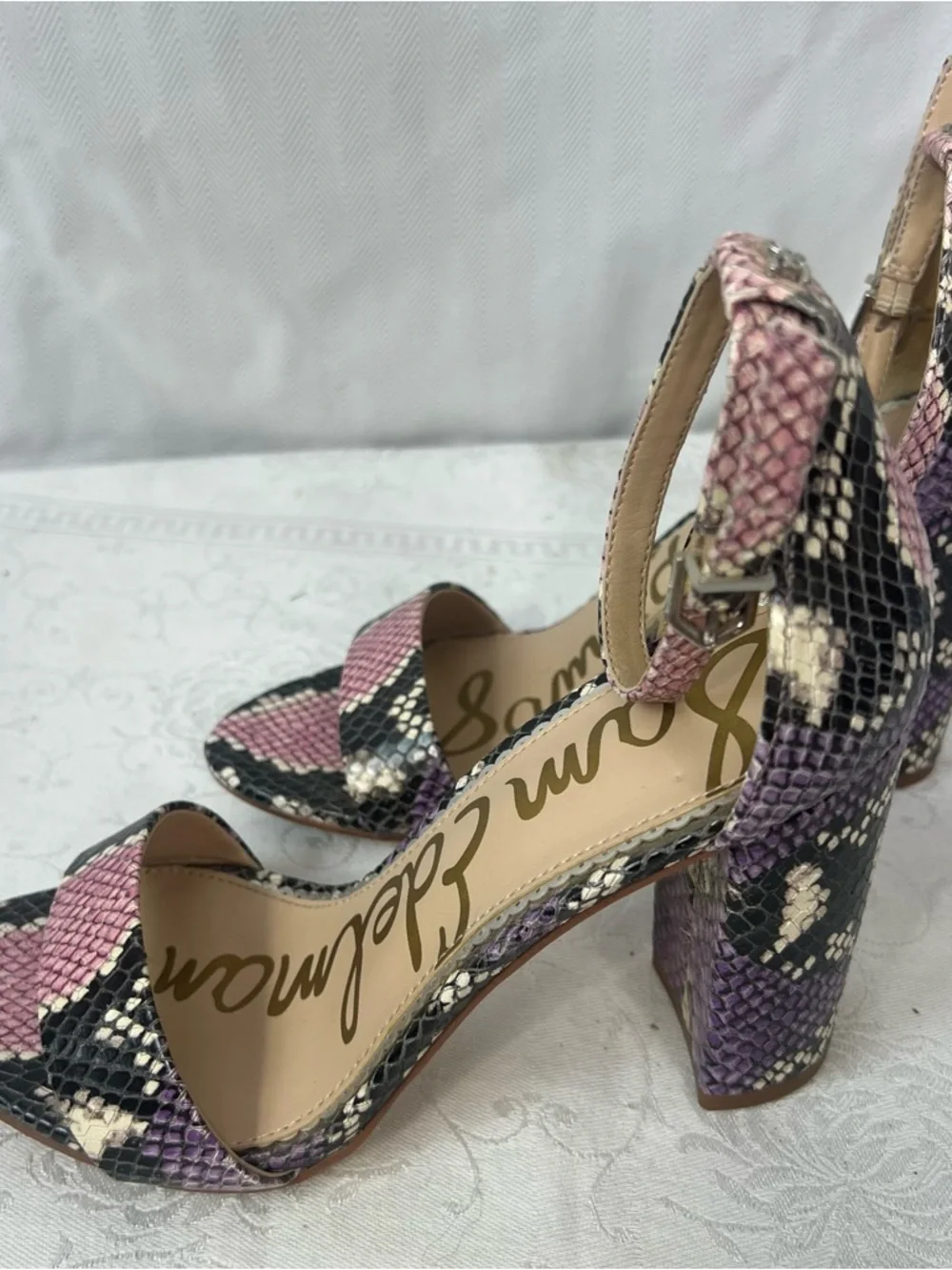Sam Edelman Yaro Sandals Snakeskin 4” Block Heel Ankle Strap Black Pink Purple 7